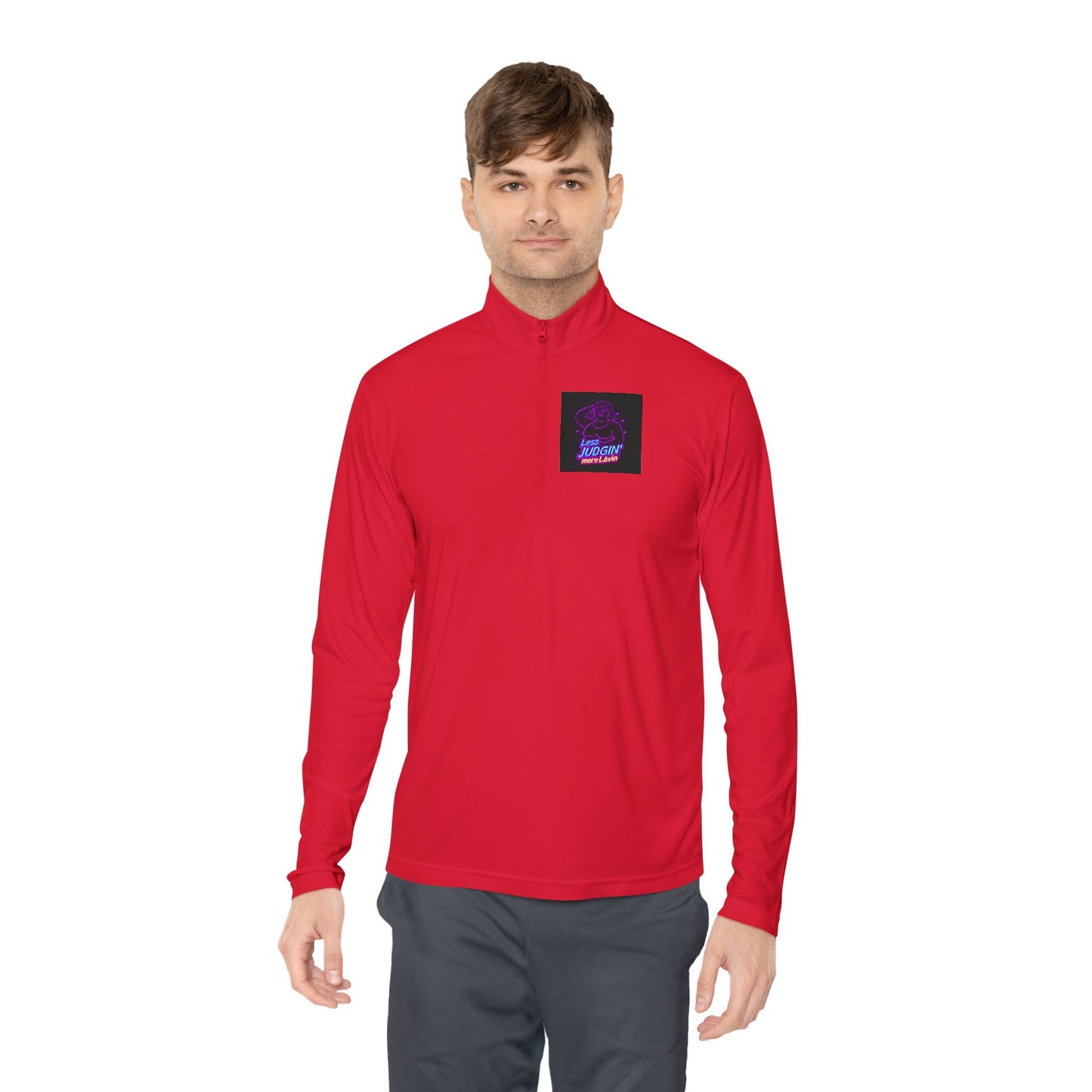 Quarter-Zip Pullover — "Less Judgin’ More Lovin’" Retro Neon Graphic