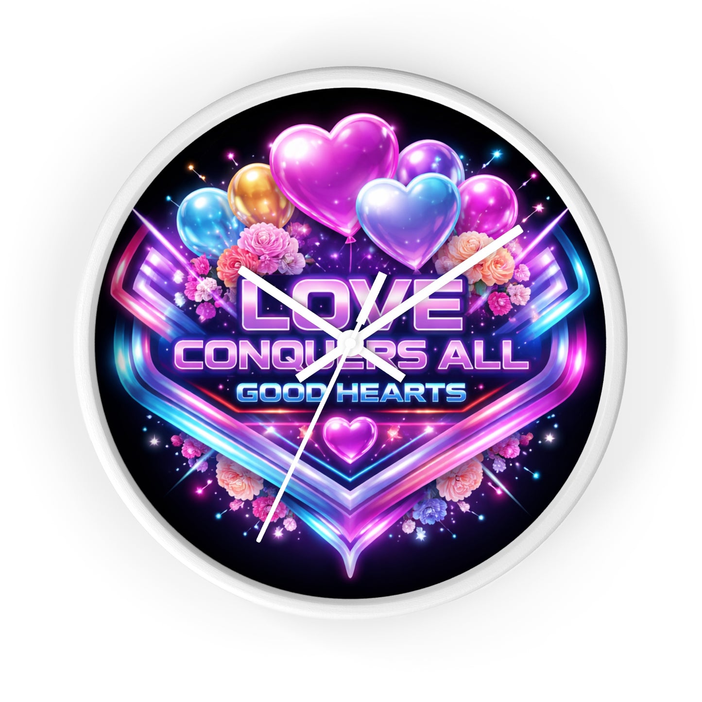 Love Conquers All Wall Clock — Neon Heart Floral Retro Decor