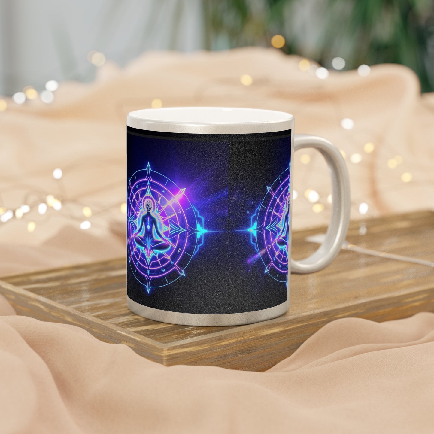Spiritual Metallic Mug - Meditation Design, Cosmic Coffee Cup, Chakra Gift, Unique Tea Mug, Mindfulness Decor