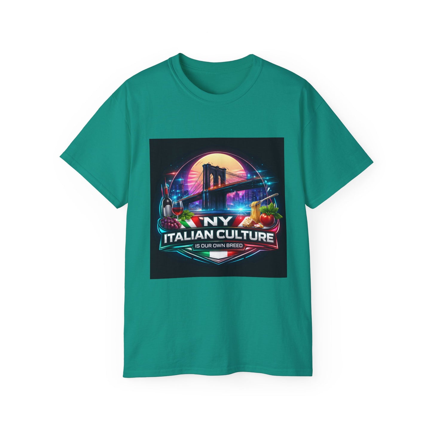 NY Italian Culture T‑Shirt — Retro Neon Brooklyn Bridge Graphic
