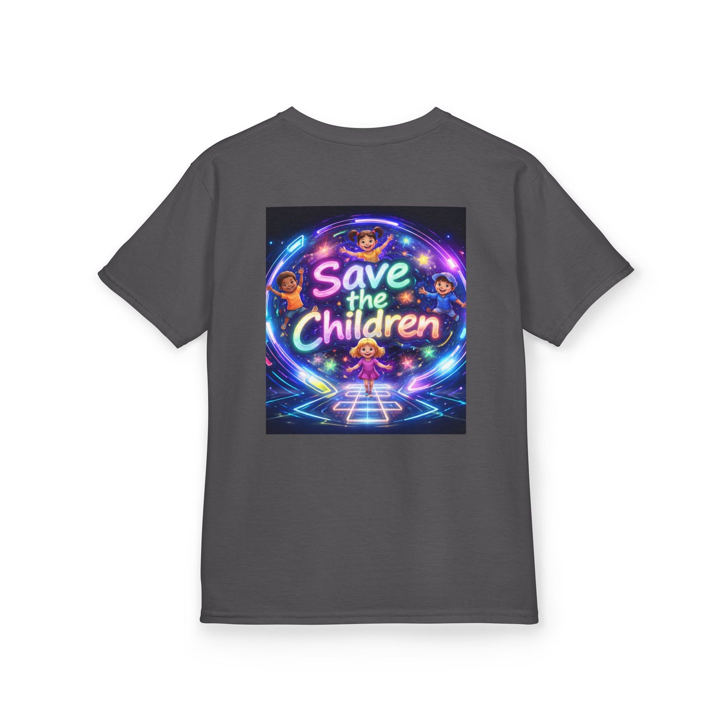 Kids Tee — 'Save the Children' Neon Rainbow Charity Design