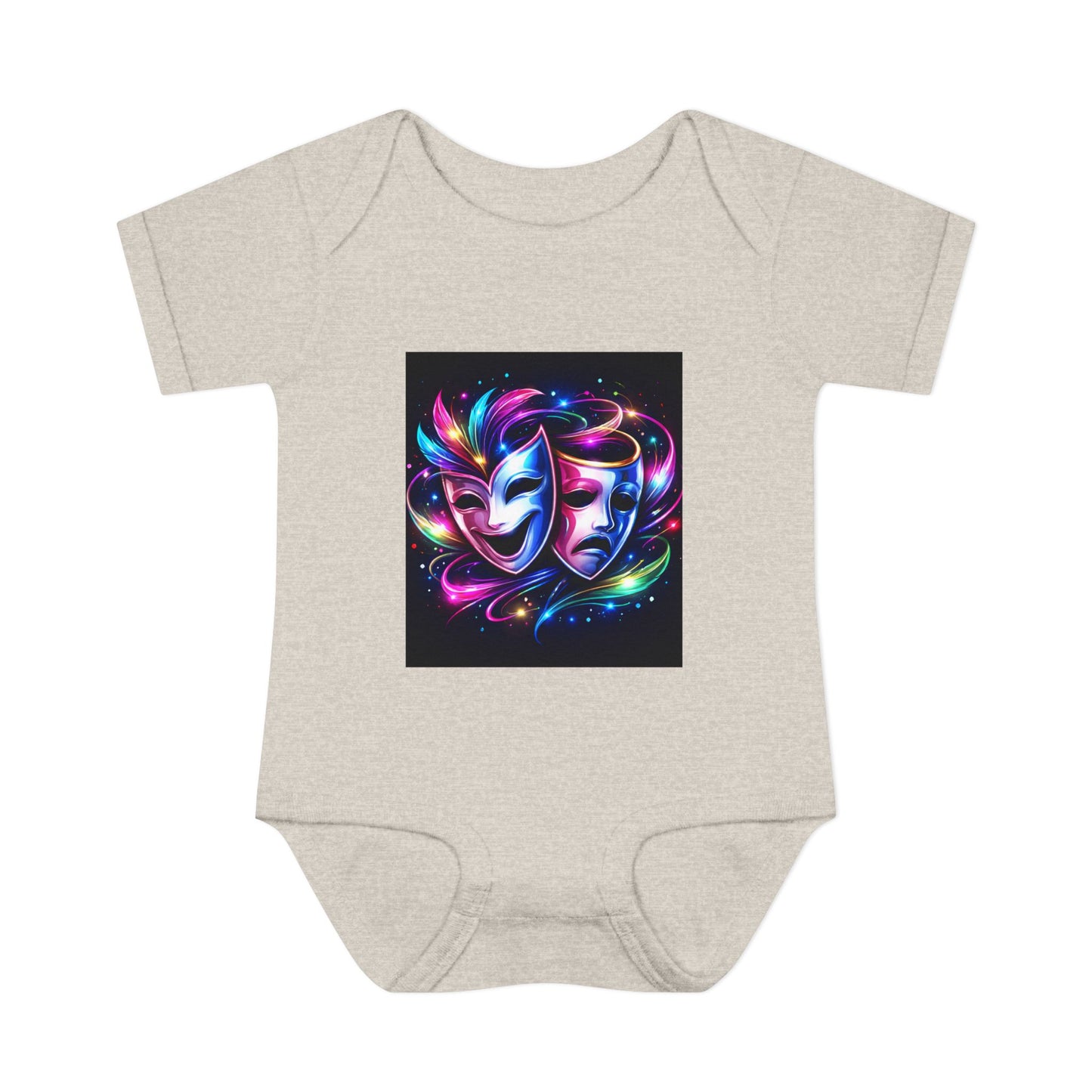 Neon Theatre Masks Infant Bodysuit — Colorful Drama Baby Onesie
