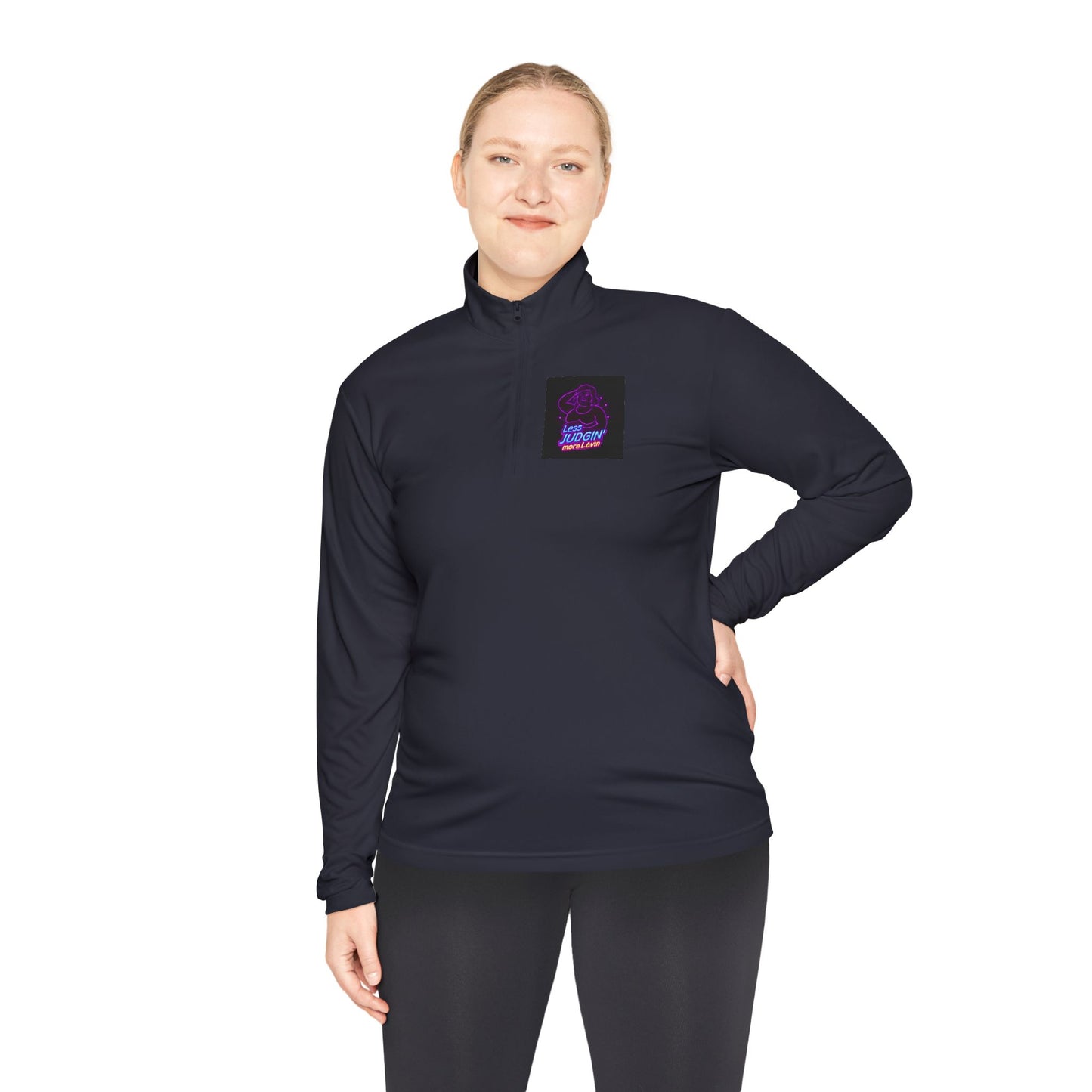 Quarter-Zip Pullover — "Less Judgin’ More Lovin’" Retro Neon Graphic