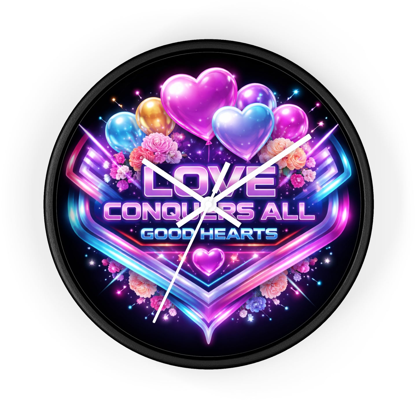 Love Conquers All Wall Clock — Neon Heart Floral Retro Decor