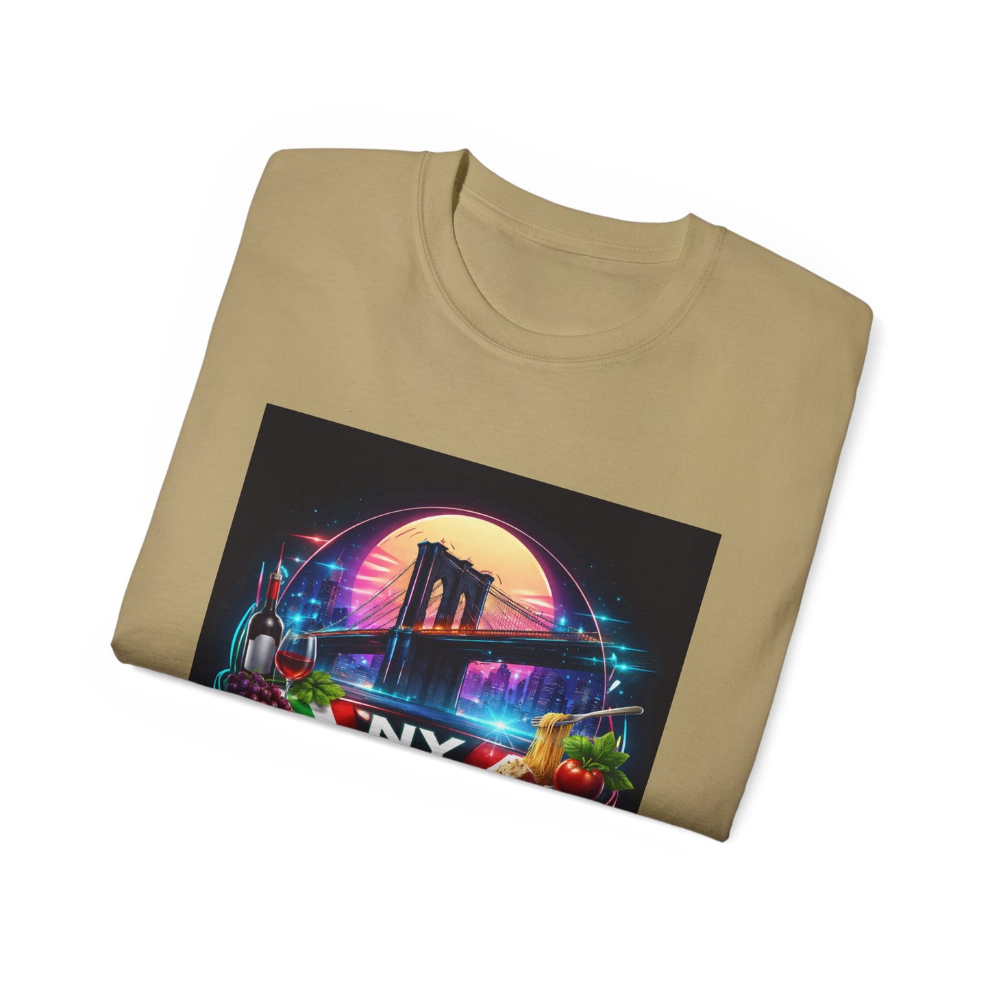 NY Italian Culture T‑Shirt — Retro Neon Brooklyn Bridge Graphic