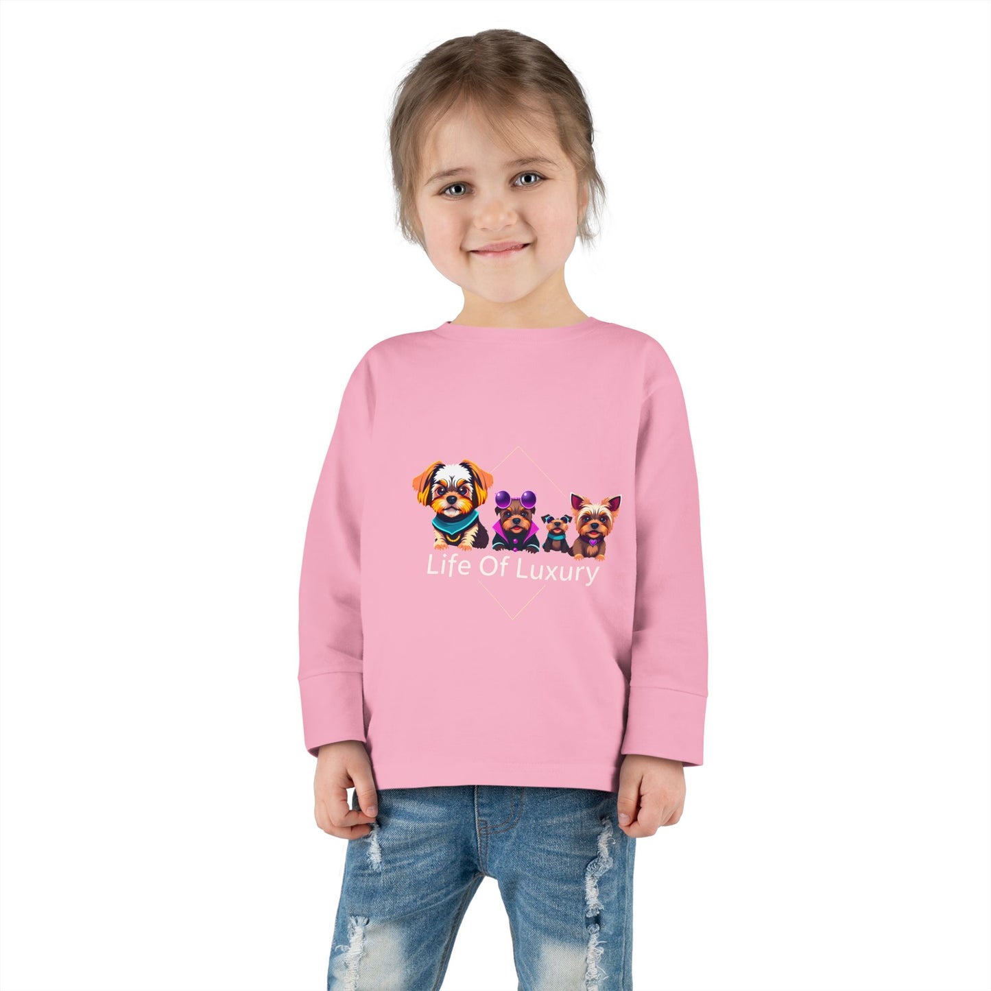 Colorful Toddler Long Sleeve Tee with Fun Dog Design, Life Of Luxury, Cute Pet Shirt, Perfect for Parties, Birthdays, Gift Idea