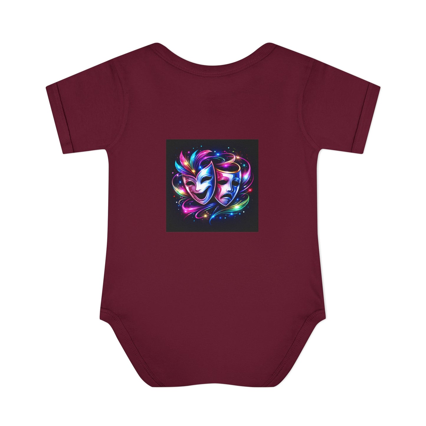Neon Theatre Masks Infant Bodysuit — Colorful Drama Baby Onesie