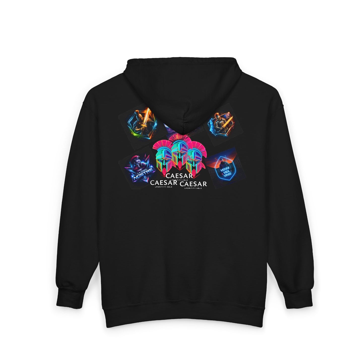 Retro Neon Gaming Zip Hoodie — 'Caesar Caesar Caesar' Icon Art
