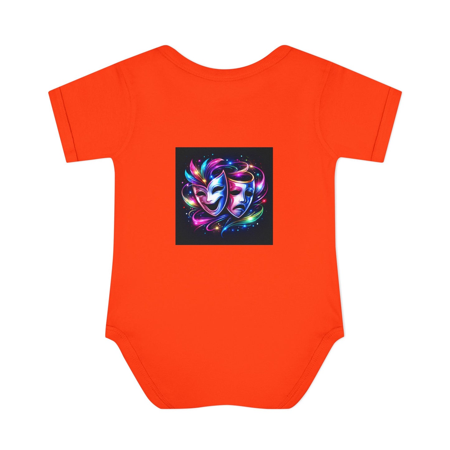 Neon Theatre Masks Infant Bodysuit — Colorful Drama Baby Onesie