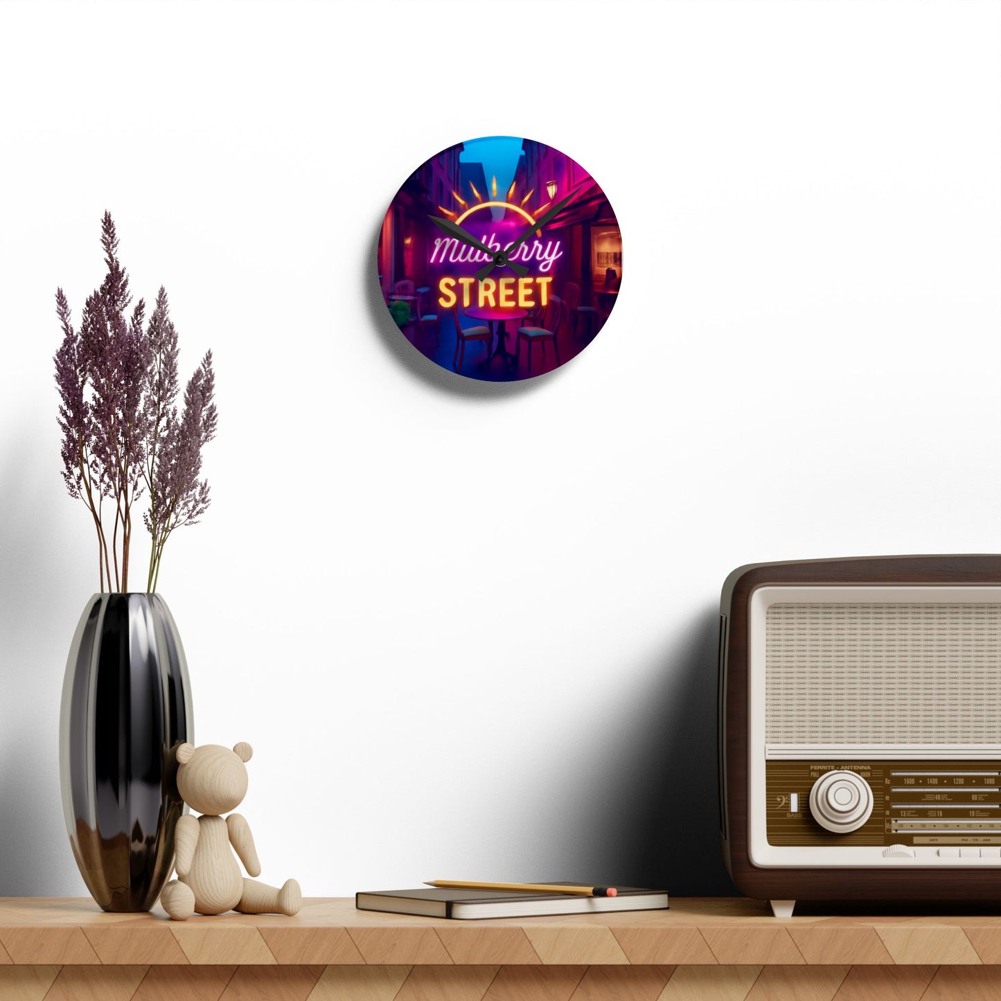 Acrylic Wall Clock — Neon 'Mulberry Street' Retro Cafe Wall Clock