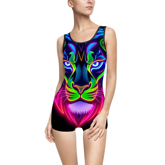 Neon Lion Women's Vintage Swimsuit, Colorful Swimwear, Summer Swim, Beach Party Outfit, Festival Attire, Unique Gift