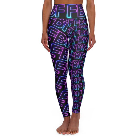 Neon 'BFF' High-Waist Yoga Leggings — Retro 80s Neon Pattern Activewear