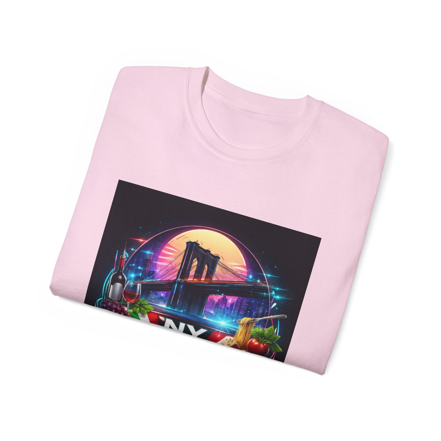 NY Italian Culture T‑Shirt — Retro Neon Brooklyn Bridge Graphic