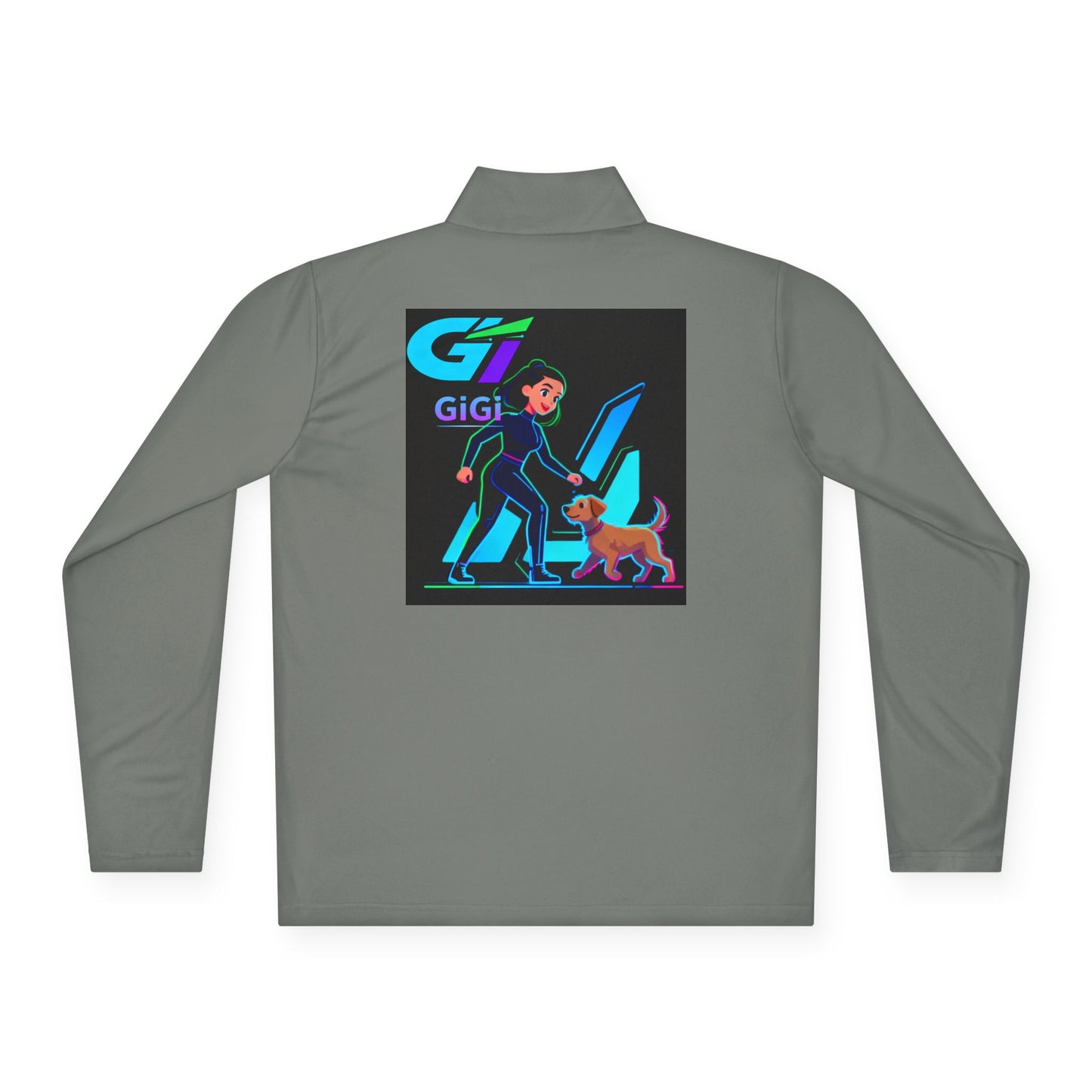 GiGi Logo Quarter-Zip Pullover — Neon Retro Dog Walker Design