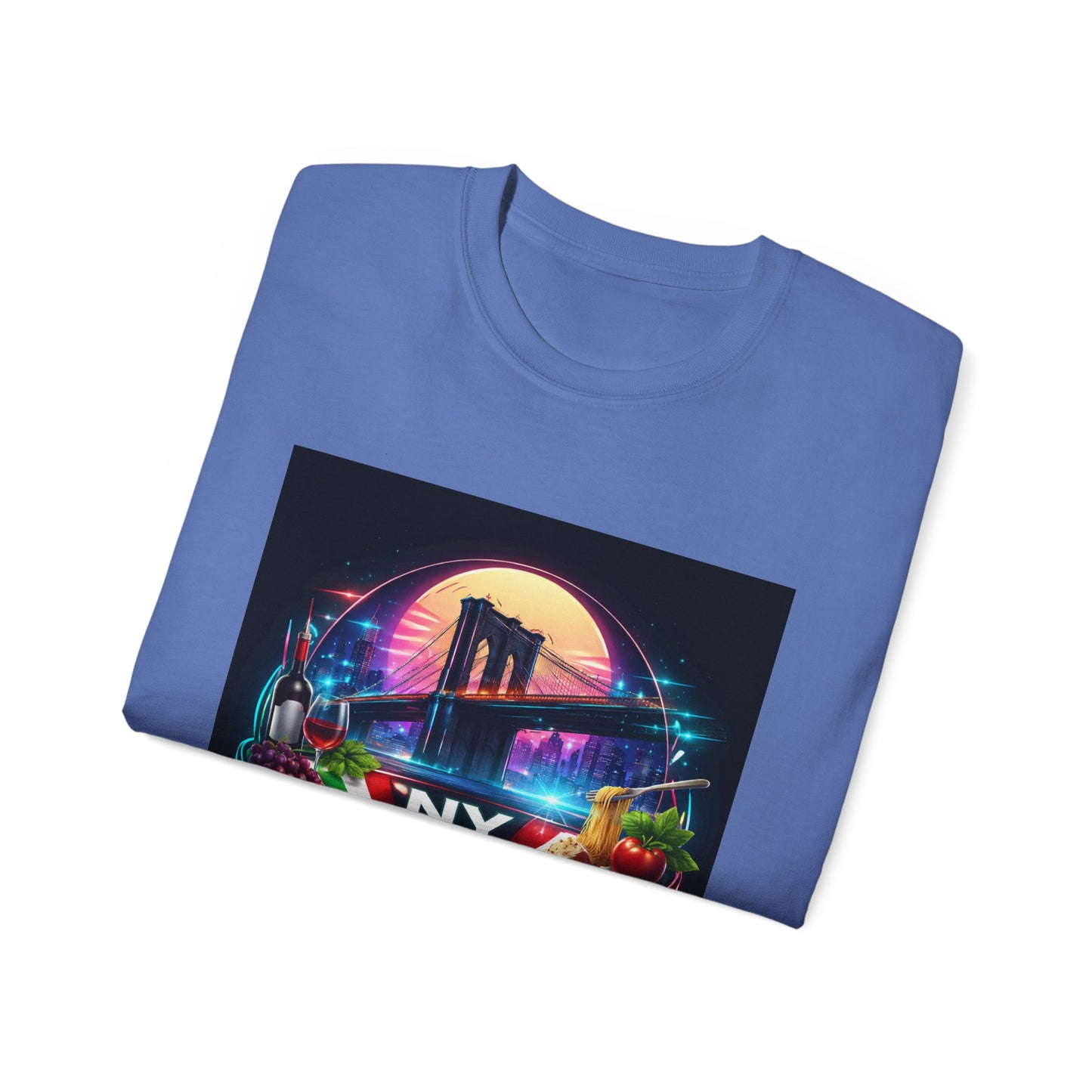 NY Italian Culture T‑Shirt — Retro Neon Brooklyn Bridge Graphic