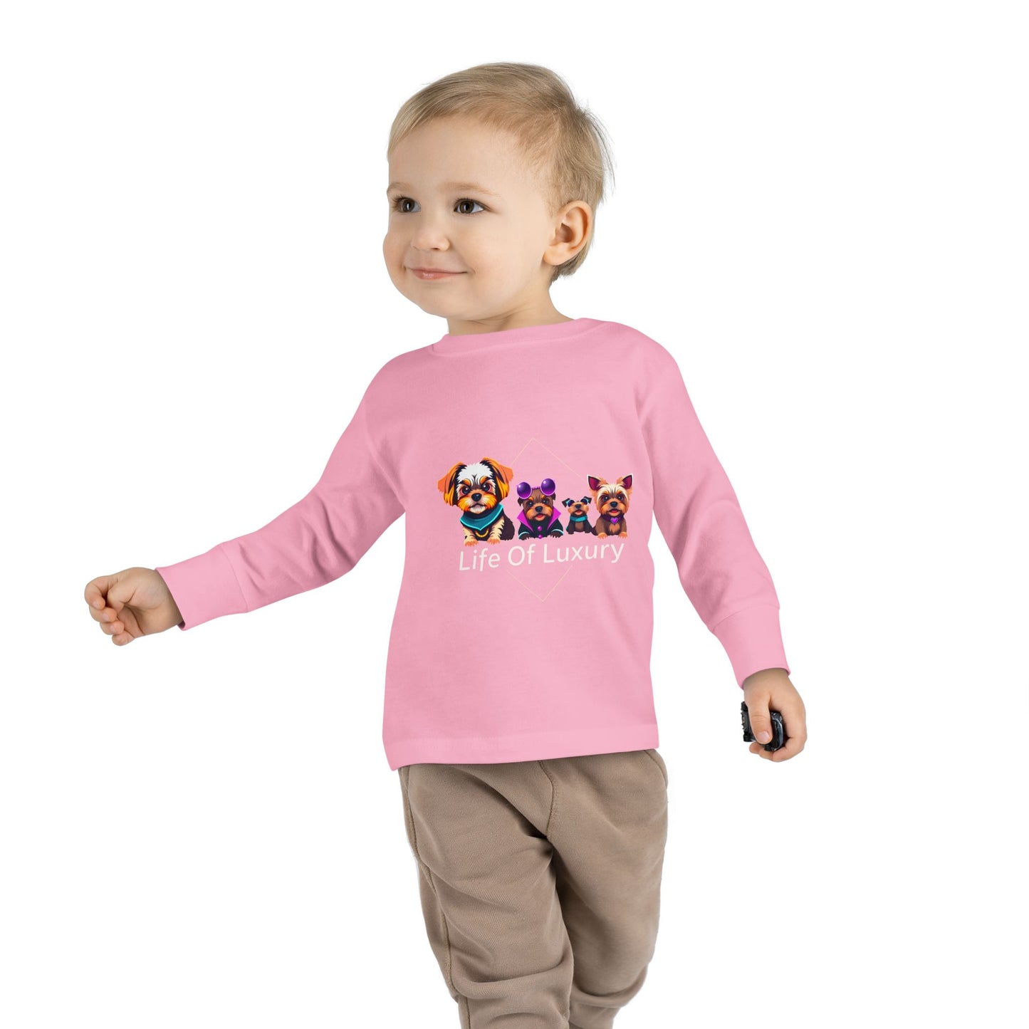 Colorful Toddler Long Sleeve Tee with Fun Dog Design, Life Of Luxury, Cute Pet Shirt, Perfect for Parties, Birthdays, Gift Idea