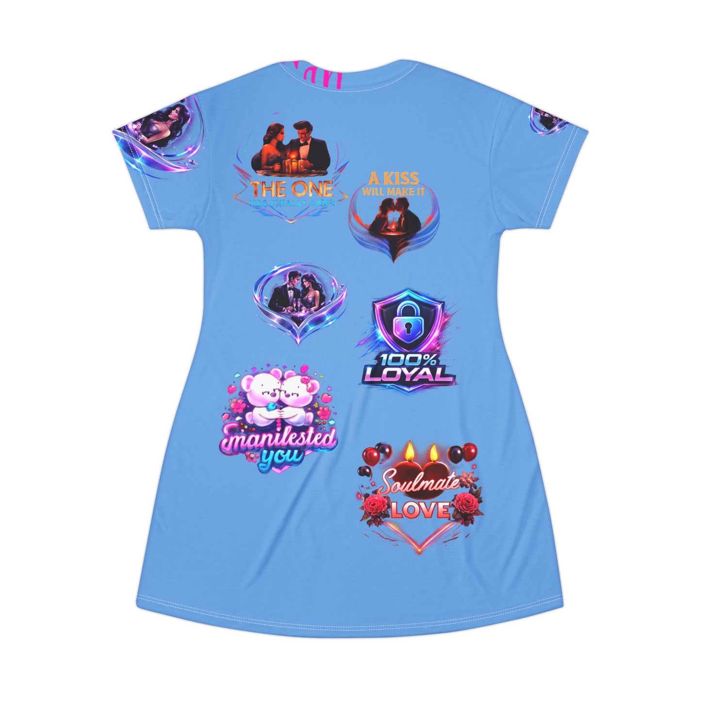 Glow Badge Graphic T-Shirt Dress — Neon Romance & Loyalty Icons