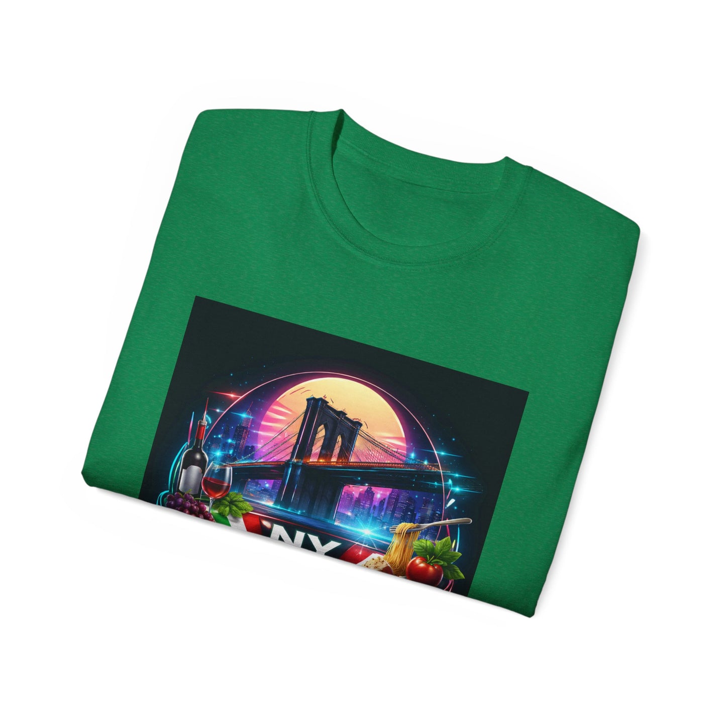 NY Italian Culture T‑Shirt — Retro Neon Brooklyn Bridge Graphic