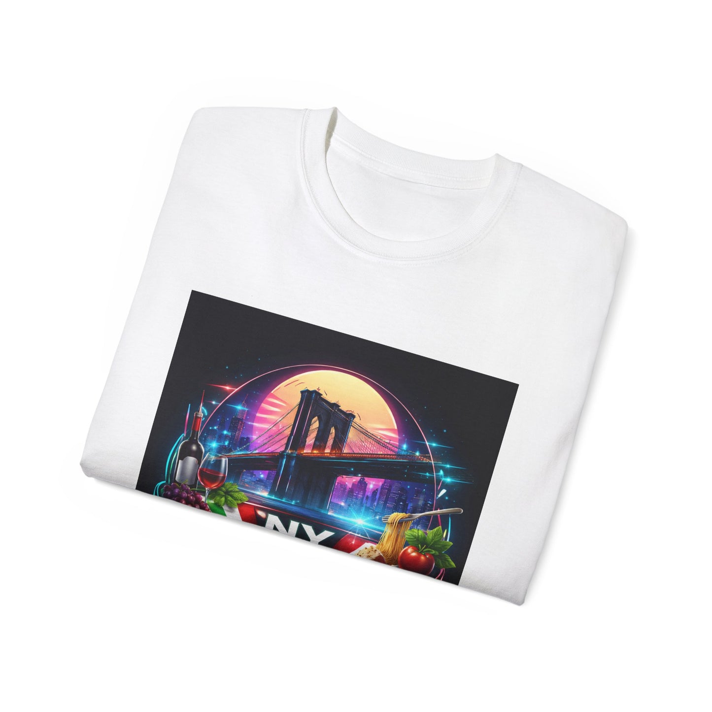 NY Italian Culture T‑Shirt — Retro Neon Brooklyn Bridge Graphic