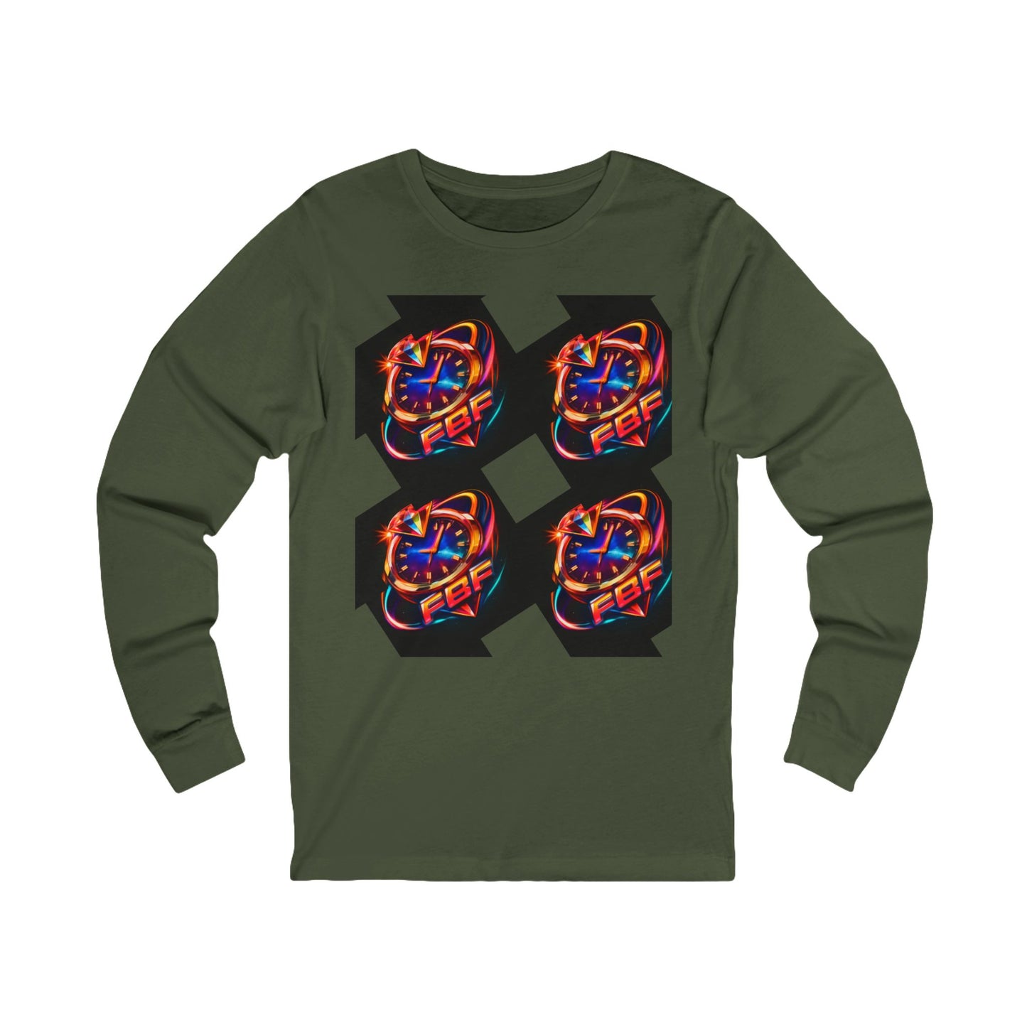 FBF Neon Clock Long Sleeve Tee — Retro Futuristic Timepiece Graphic Shirt