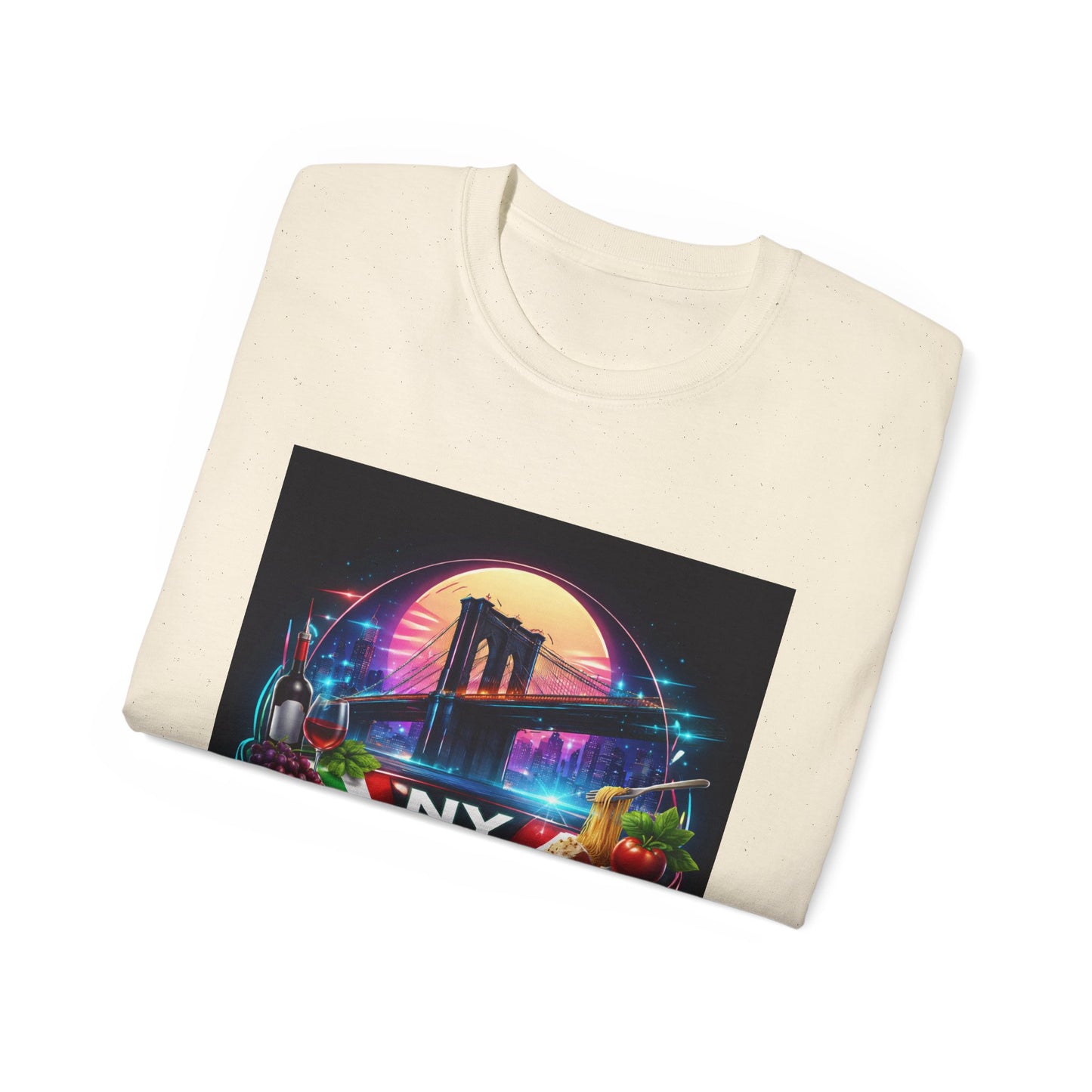 NY Italian Culture T‑Shirt — Retro Neon Brooklyn Bridge Graphic