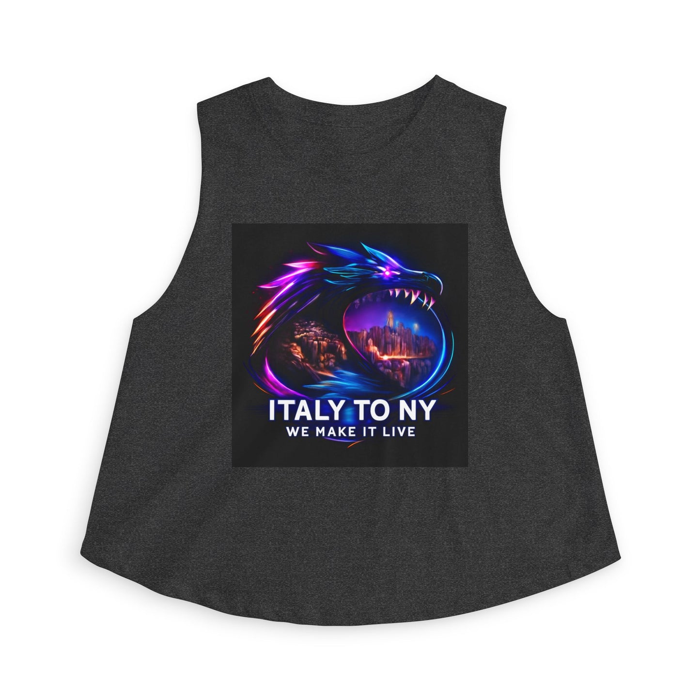 Dragon Logo Crop Top — "Italy to NY We Make It Live" Neon Graphic