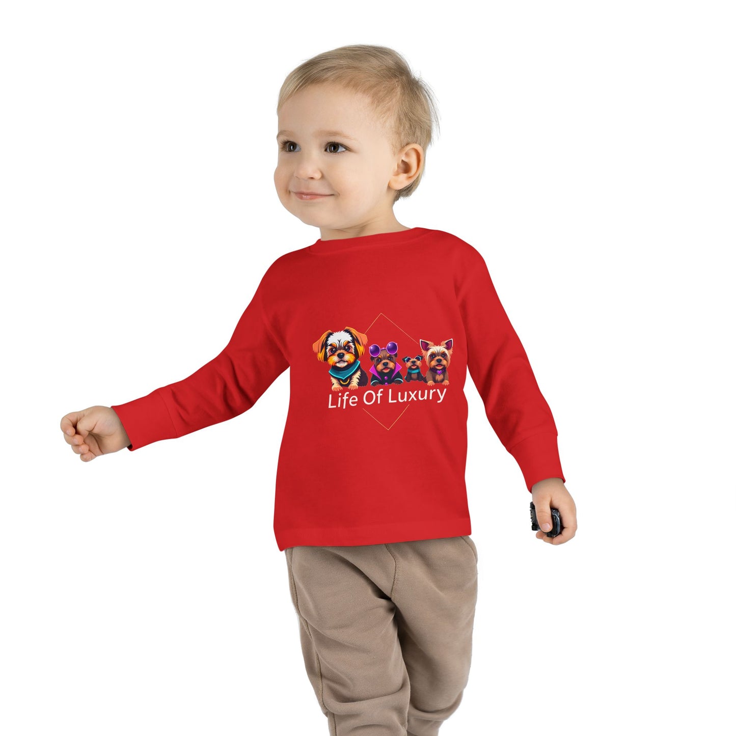 Colorful Toddler Long Sleeve Tee with Fun Dog Design, Life Of Luxury, Cute Pet Shirt, Perfect for Parties, Birthdays, Gift Idea