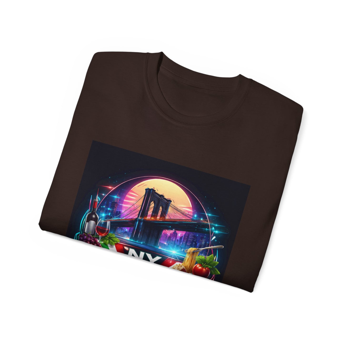 NY Italian Culture T‑Shirt — Retro Neon Brooklyn Bridge Graphic
