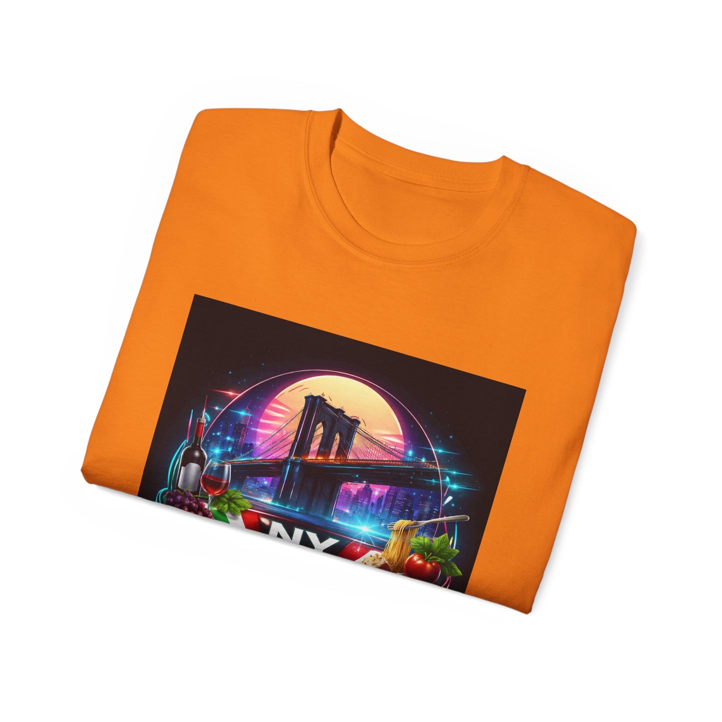 NY Italian Culture T‑Shirt — Retro Neon Brooklyn Bridge Graphic