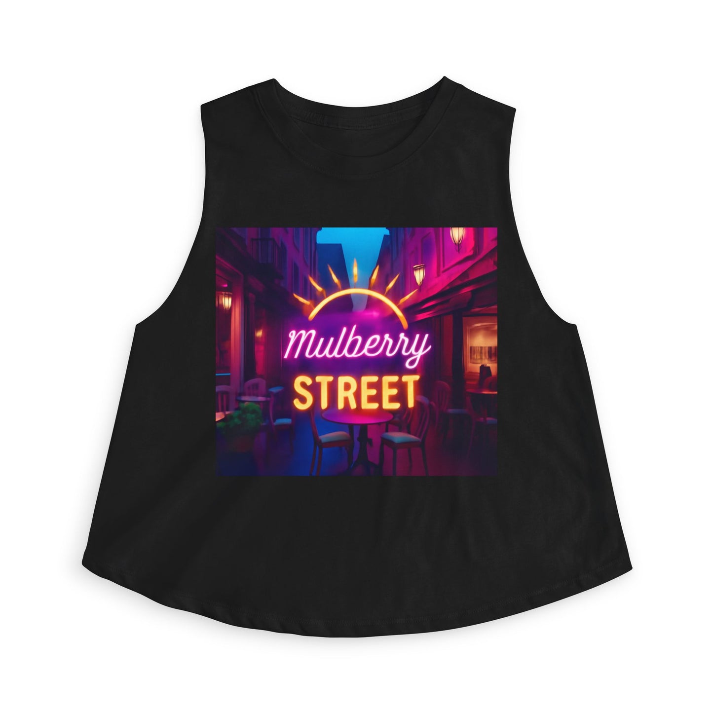 Mulberry Street Neon Crop Top — Vintage Nightlife Graphic Tank