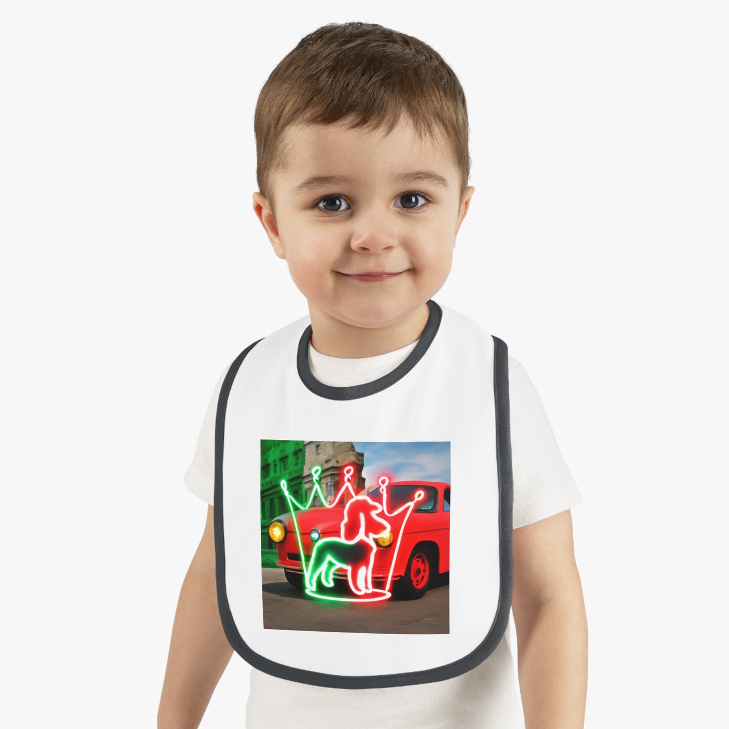 Cute Baby Bib with Neon Dog and Crown Design, Fun Baby Shower Gift, Festive Feeding Bib, Adorable Toddler Accessory, Baby Feeding Essentials