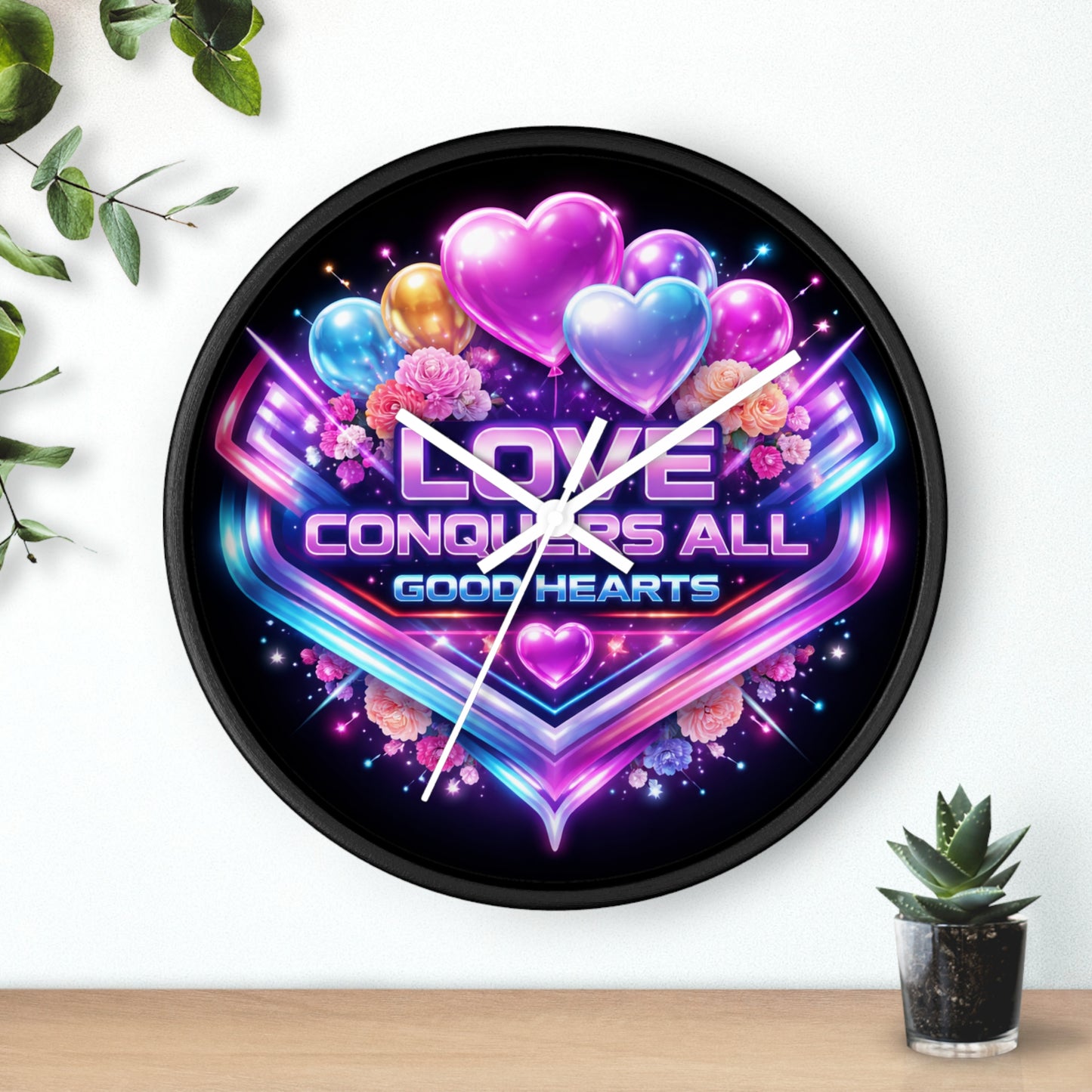 Love Conquers All Wall Clock — Neon Heart Floral Retro Decor