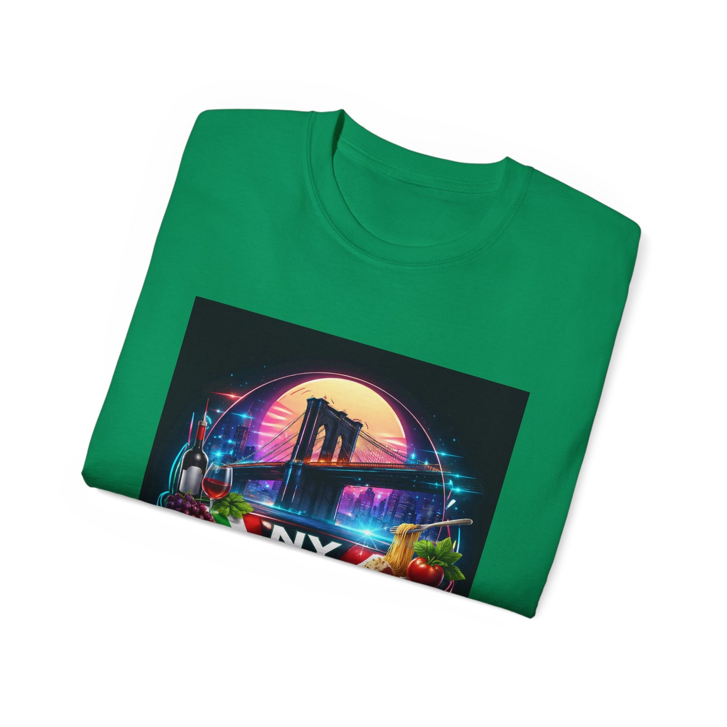 NY Italian Culture T‑Shirt — Retro Neon Brooklyn Bridge Graphic