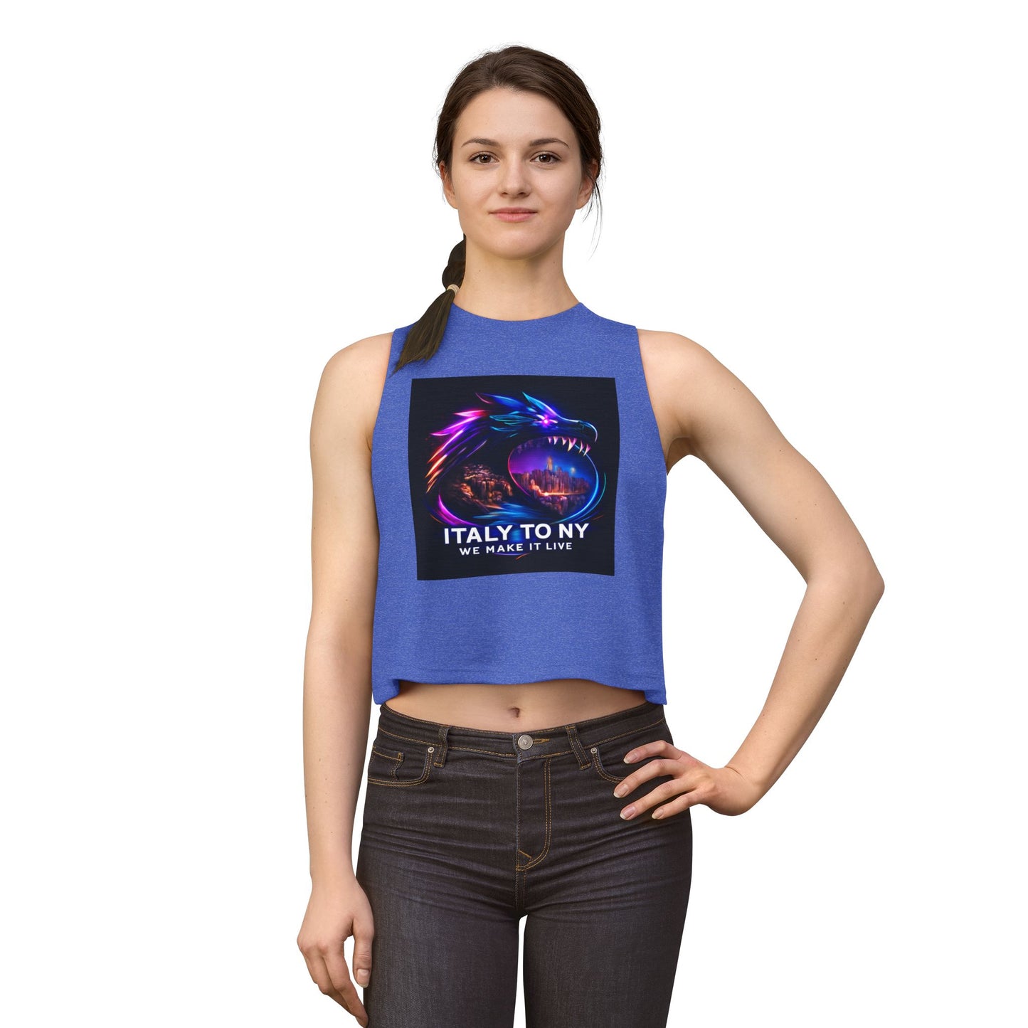 Dragon Logo Crop Top — "Italy to NY We Make It Live" Neon Graphic