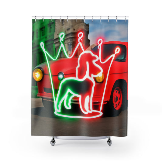 Colorful Neon Dog Shower Curtain, Vintage Car Home Decor, Pet Lover Gift, Bright Bathroom Accessories, Unique Bathroom Art