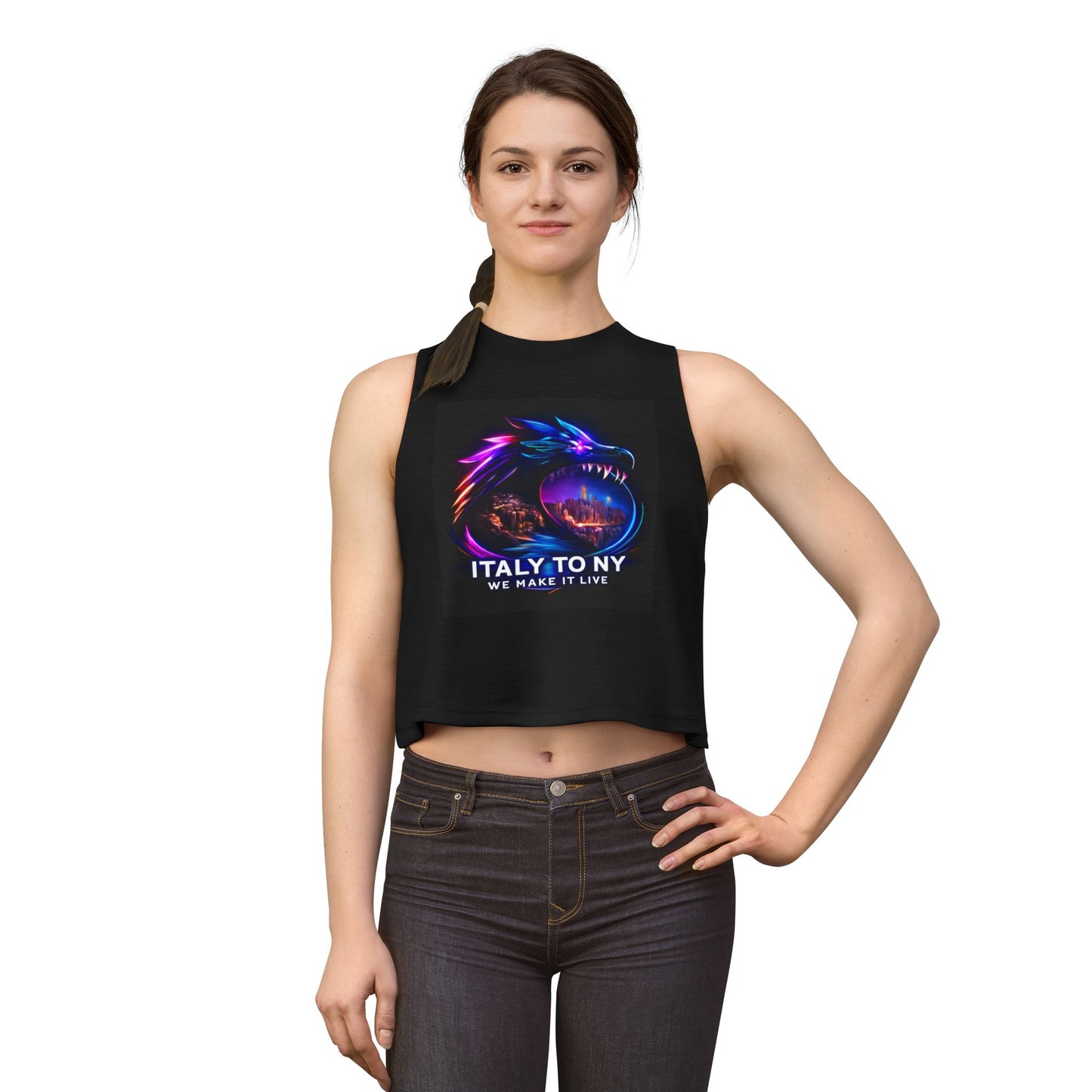 Dragon Logo Crop Top — "Italy to NY We Make It Live" Neon Graphic