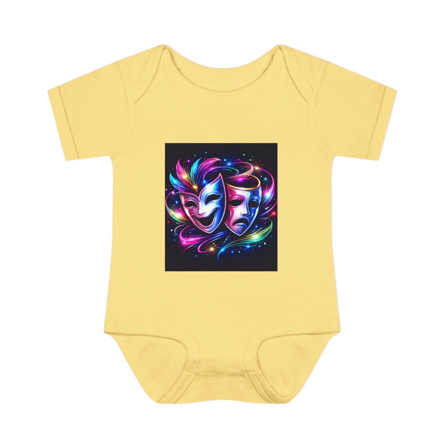 Neon Theatre Masks Infant Bodysuit — Colorful Drama Baby Onesie