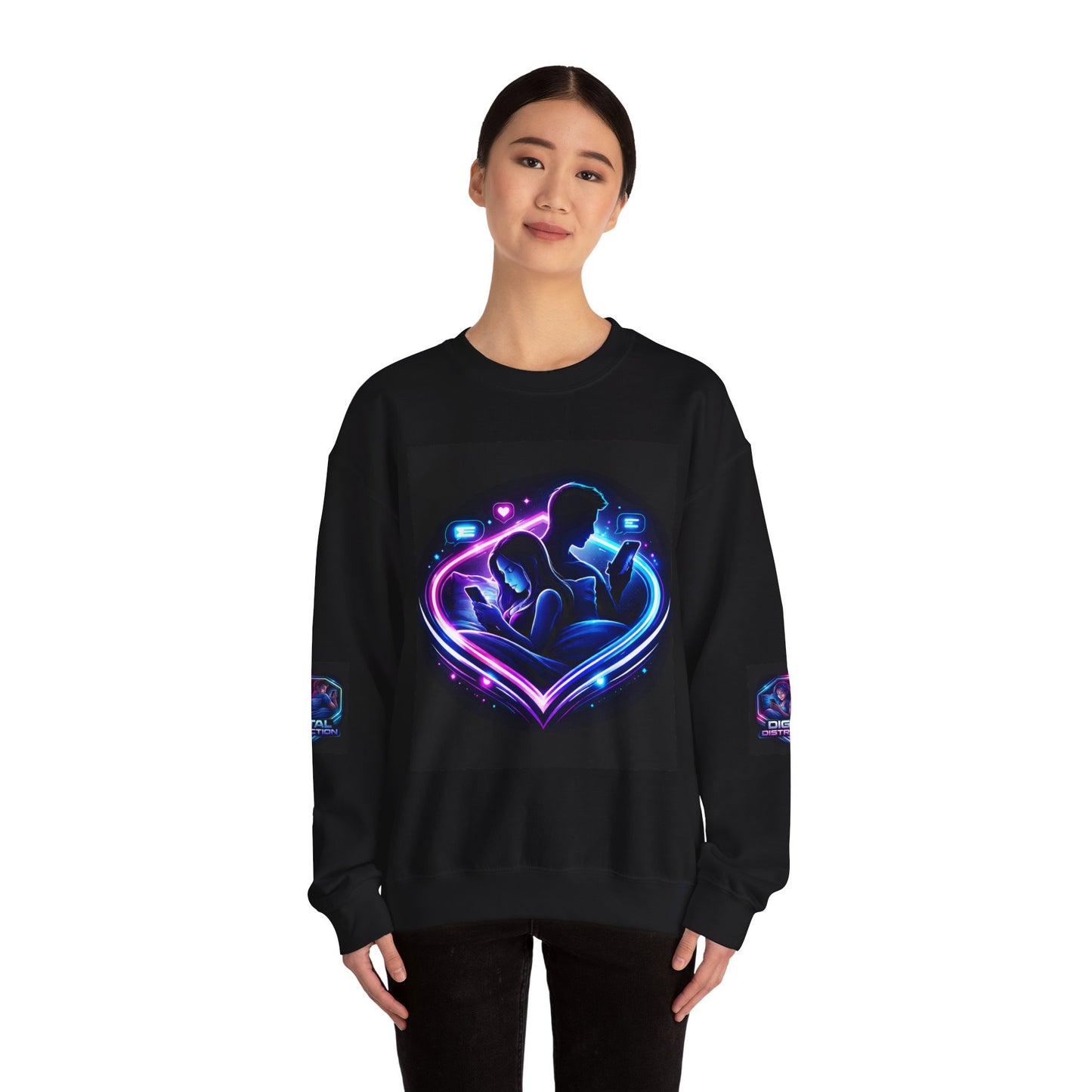 Crewneck Sweatshirt — Neon Couple in Bed Heart Illustration
