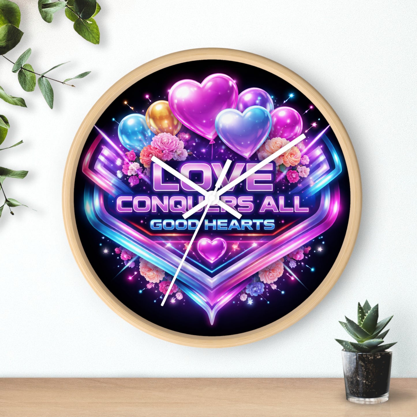 Love Conquers All Wall Clock — Neon Heart Floral Retro Decor