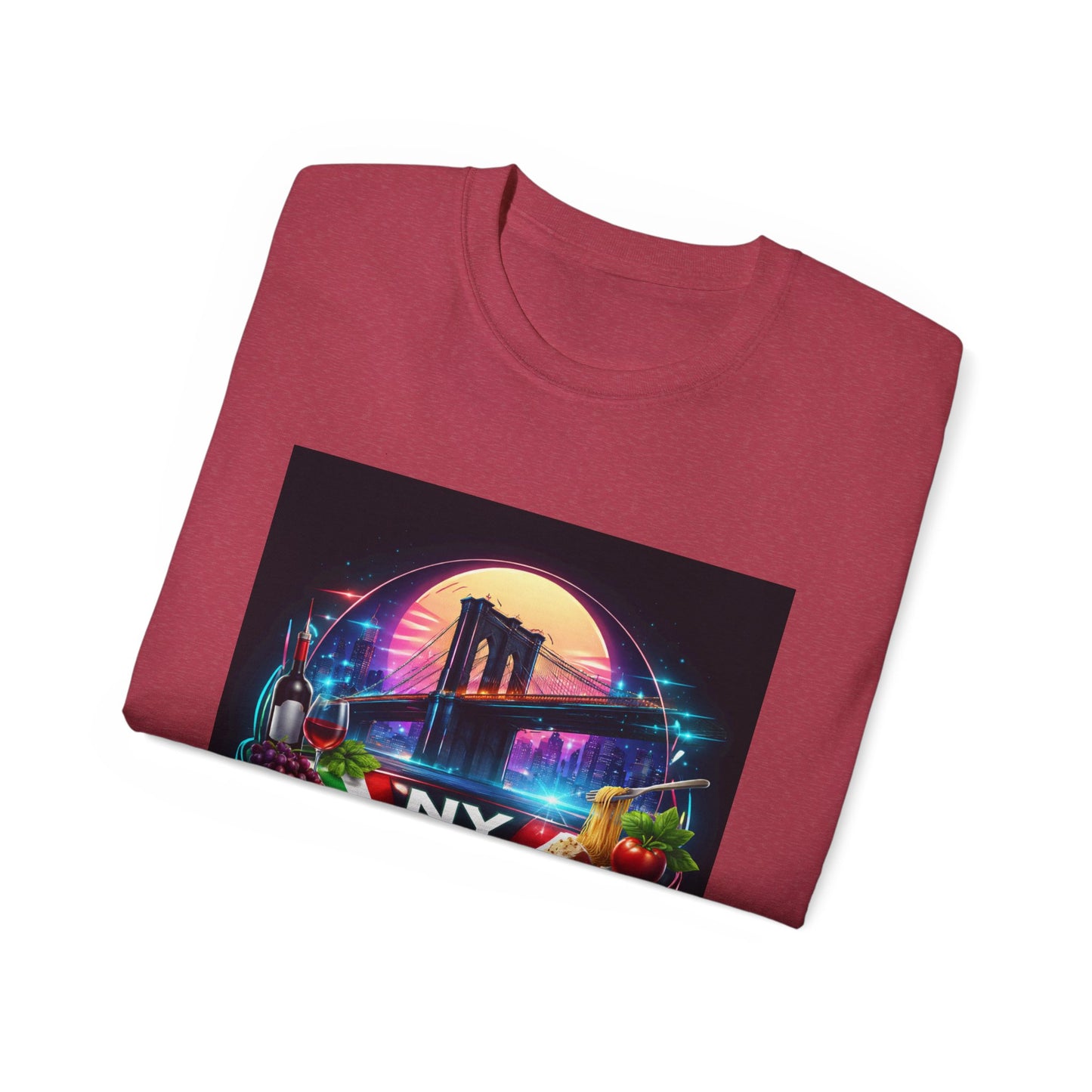 NY Italian Culture T‑Shirt — Retro Neon Brooklyn Bridge Graphic