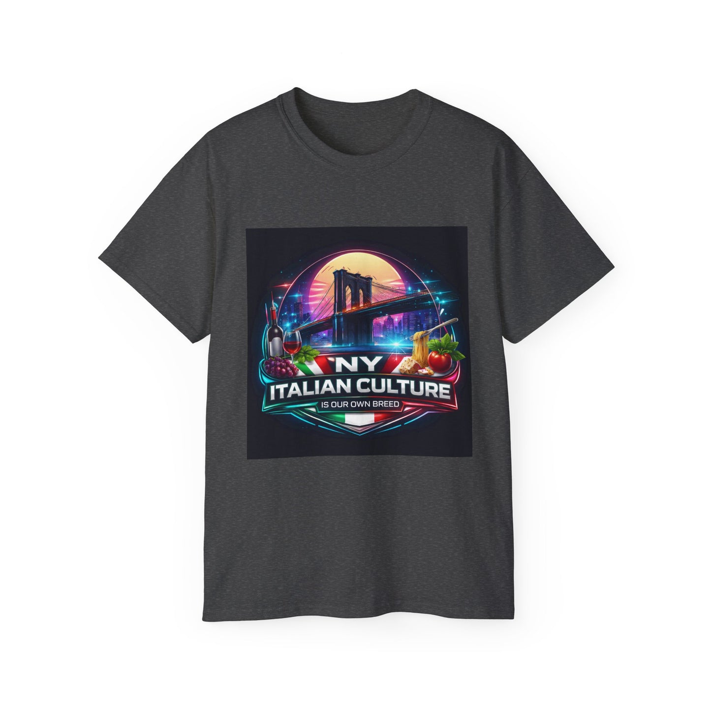 NY Italian Culture T‑Shirt — Retro Neon Brooklyn Bridge Graphic