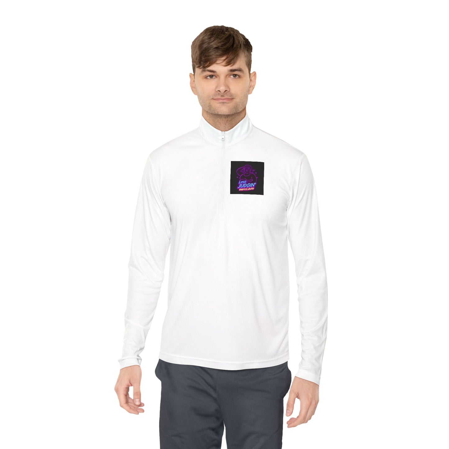 Quarter-Zip Pullover — "Less Judgin’ More Lovin’" Retro Neon Graphic
