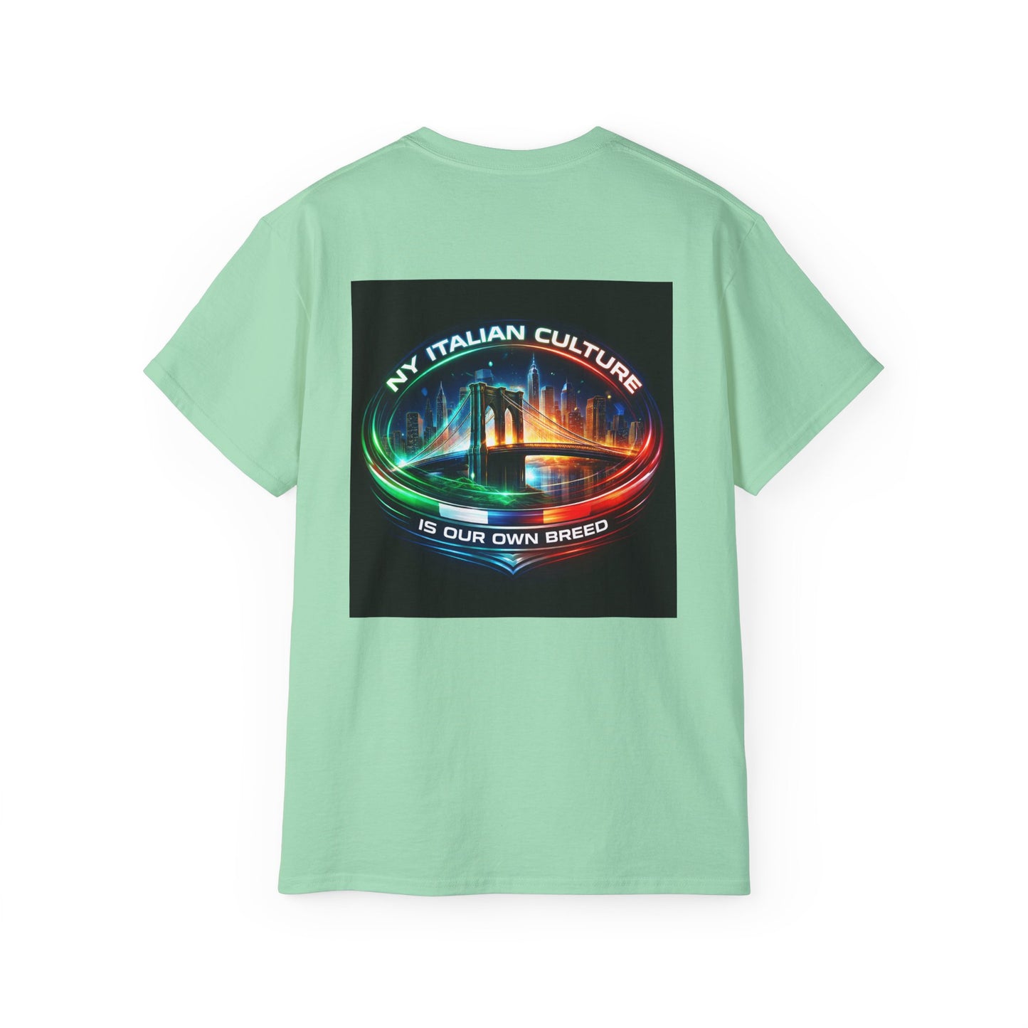 NY Italian Culture T‑Shirt — Retro Neon Brooklyn Bridge Graphic
