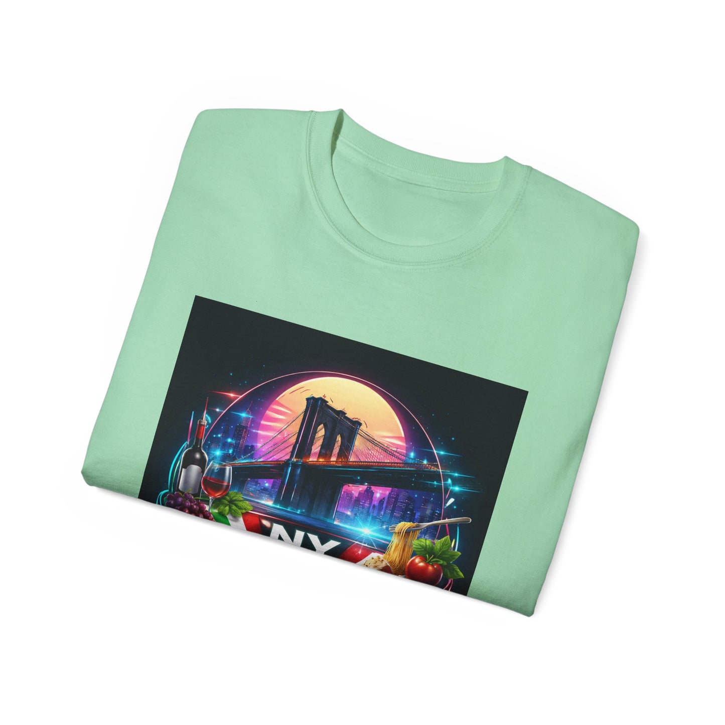 NY Italian Culture T‑Shirt — Retro Neon Brooklyn Bridge Graphic