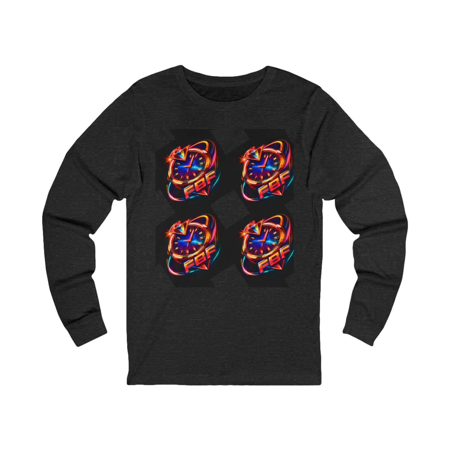 FBF Neon Clock Long Sleeve Tee — Retro Futuristic Timepiece Graphic Shirt