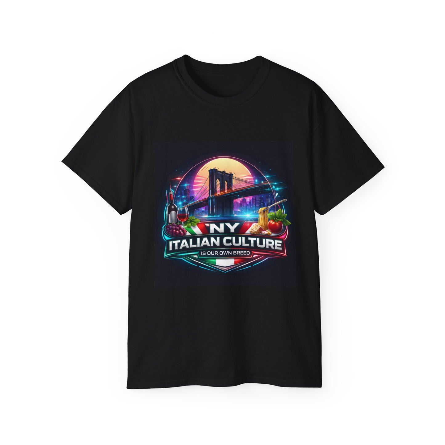 NY Italian Culture T‑Shirt — Retro Neon Brooklyn Bridge Graphic