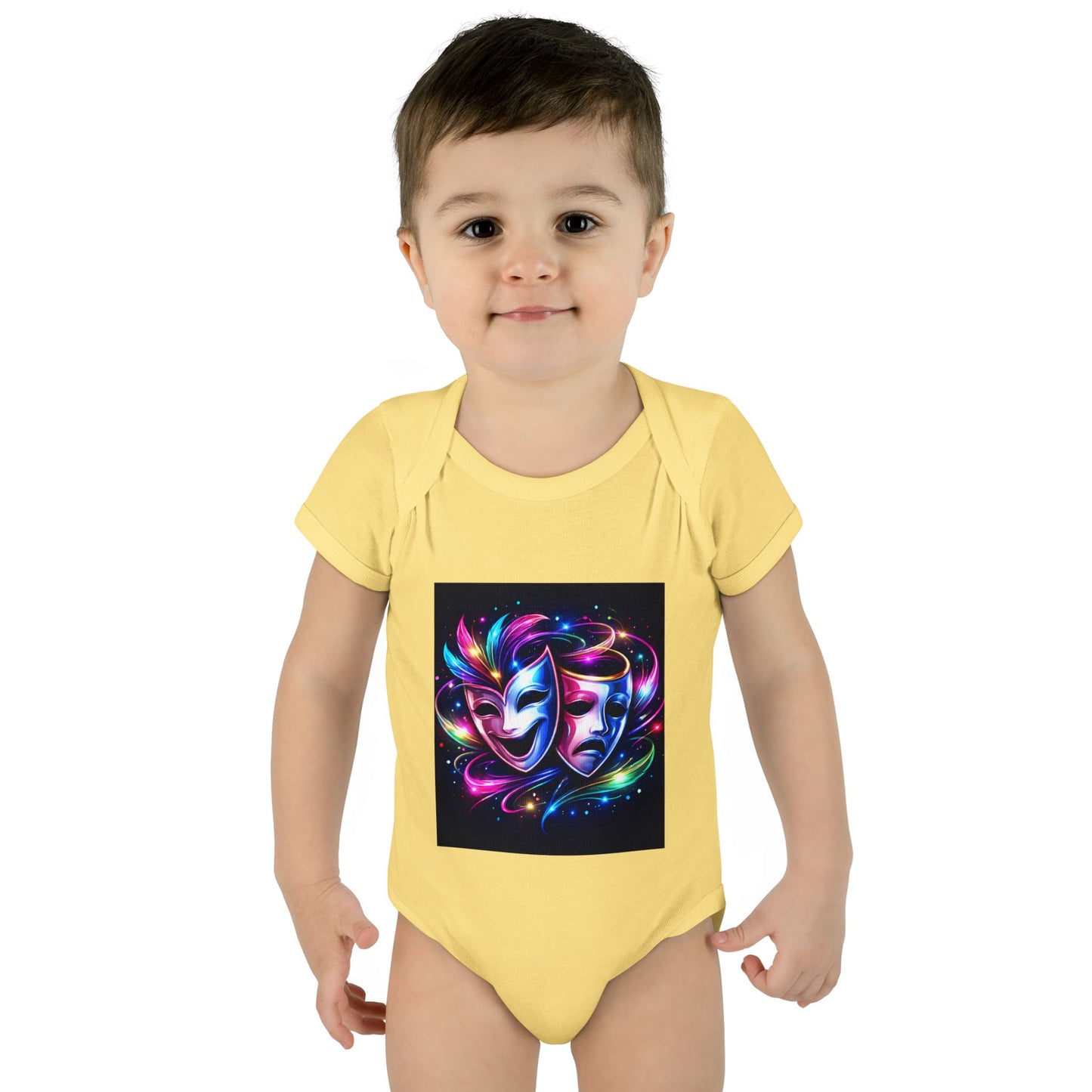 Neon Theatre Masks Infant Bodysuit — Colorful Drama Baby Onesie