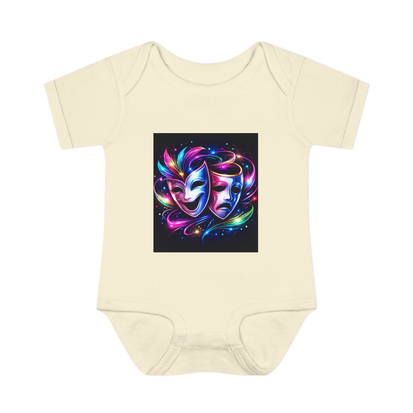 Neon Theatre Masks Infant Bodysuit — Colorful Drama Baby Onesie