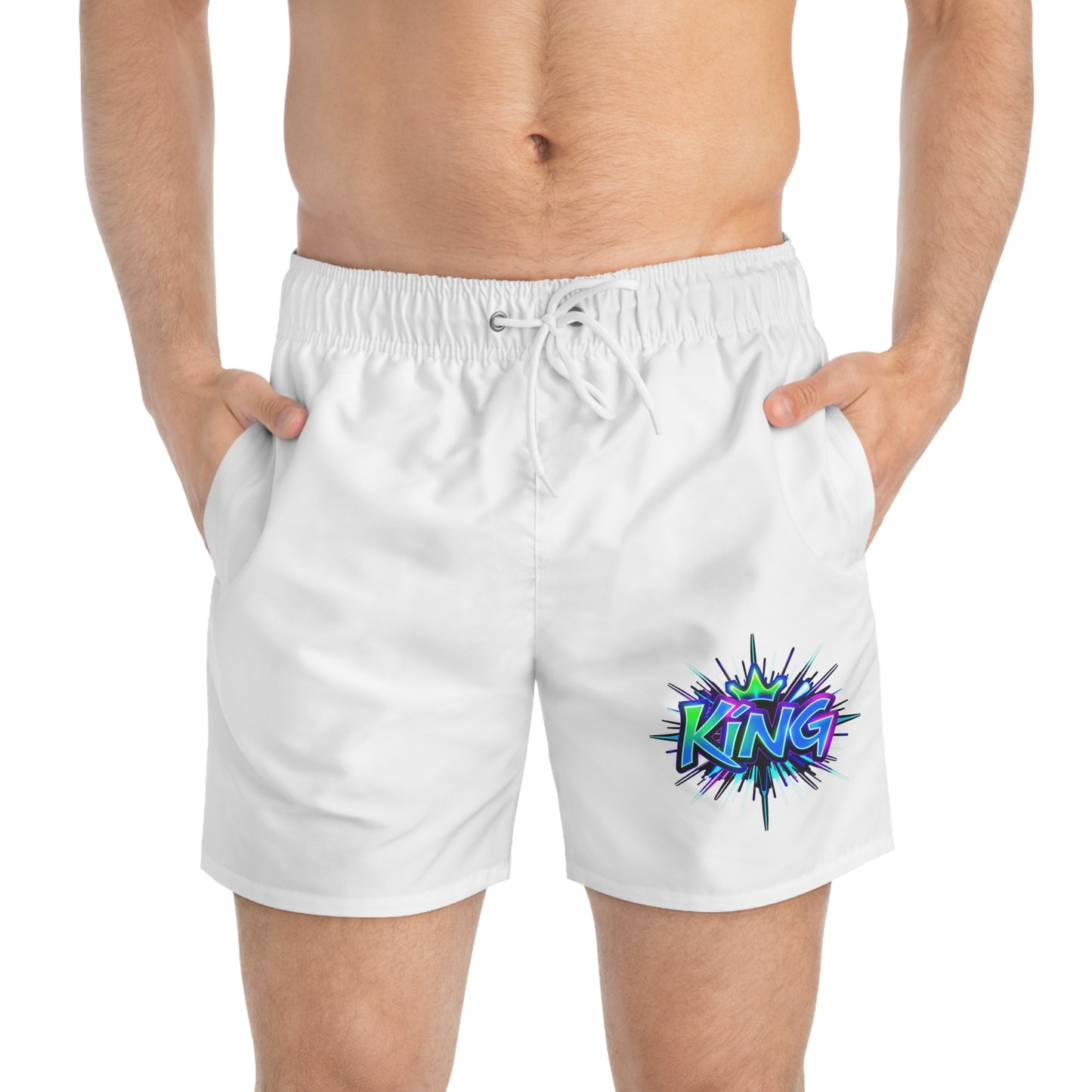 King Swim Trunks, Colorful Beach Shorts, Summer Swimwear, Vacation Swim Trunks, Fun Pool Party Gear