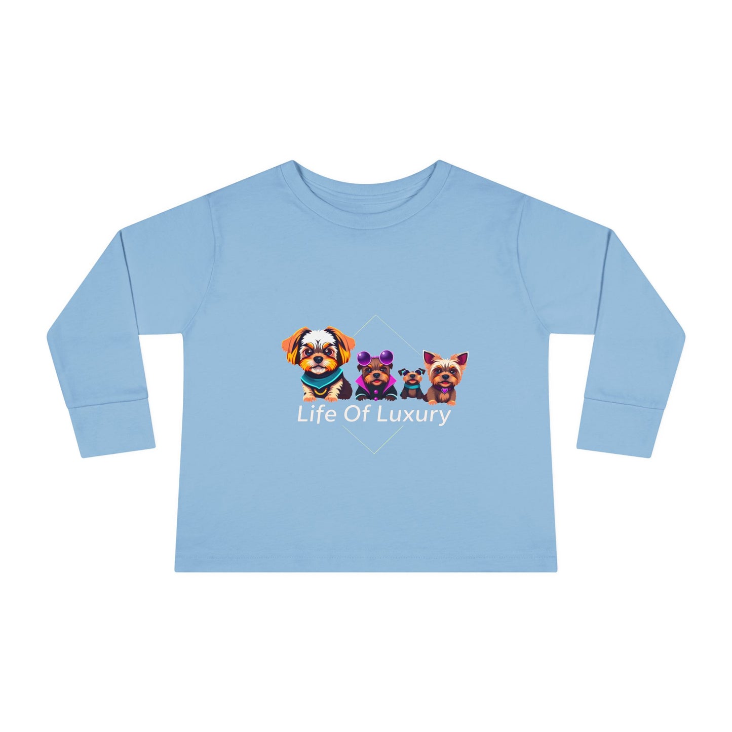Colorful Toddler Long Sleeve Tee with Fun Dog Design, Life Of Luxury, Cute Pet Shirt, Perfect for Parties, Birthdays, Gift Idea